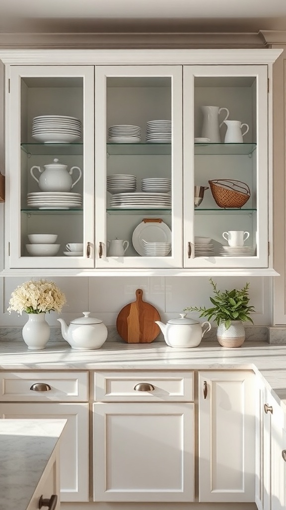 A kitchen with glass-front cabinets displaying white dishware and decorative items