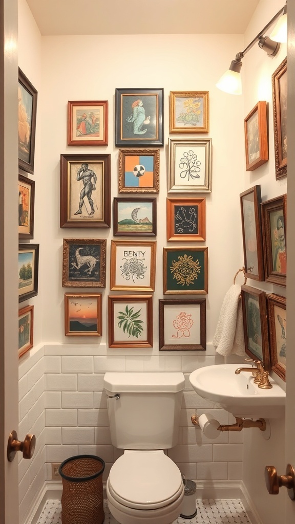 A bathroom wall decorated with a variety of framed artworks.