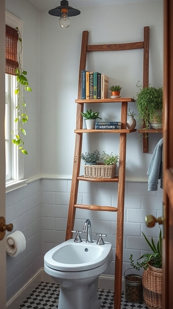 A vintage wooden ladder used as a shelf in a bathroom, displaying books and plants.