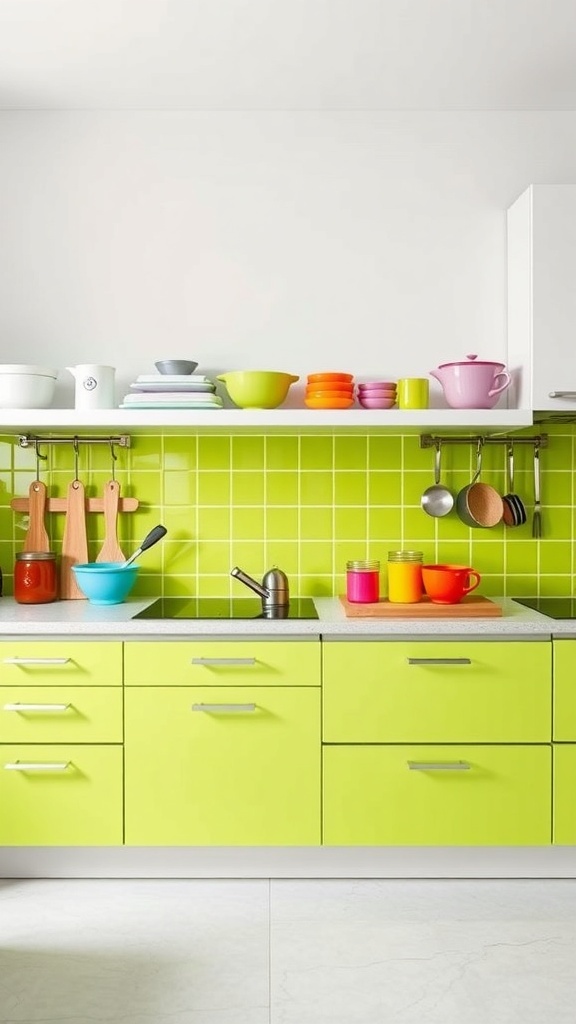 A modern kitchen featuring a lime green vinyl wrap backsplash with colorful kitchenware.