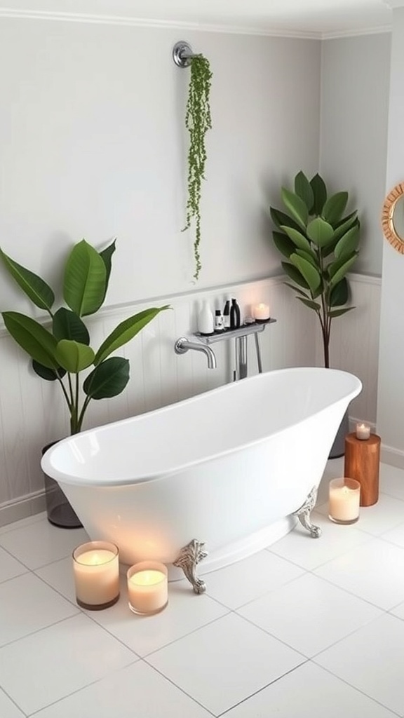 A chic white bathtub with claw feet surrounded by candles and plants in a stylish bathroom.