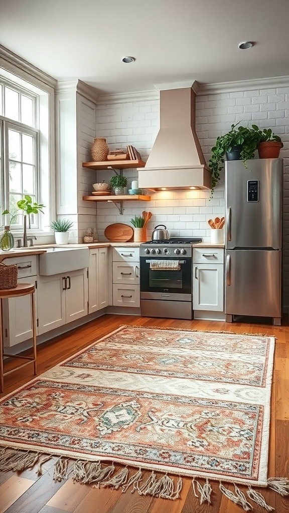 A stylish kitchen featuring a patterned rug, modern appliances, and open shelving.
