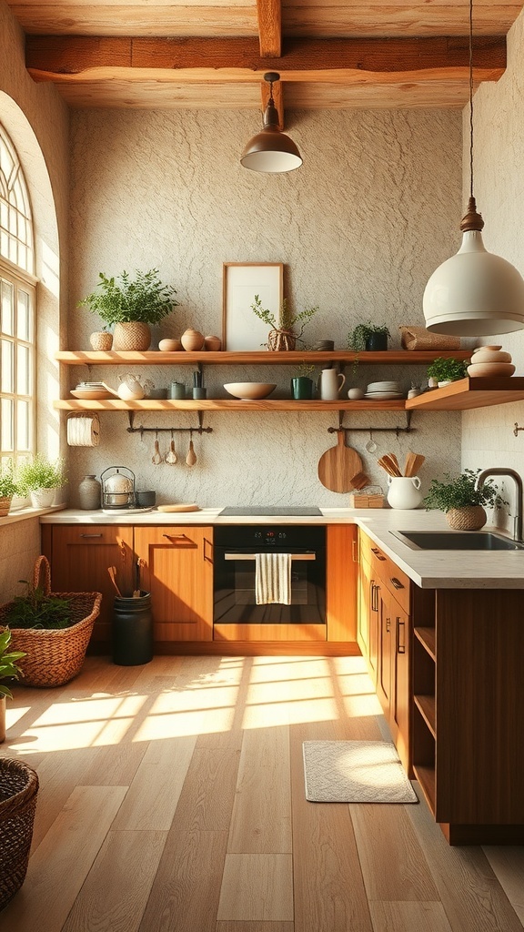 Cozy boho kitchen with textured walls and wooden accents