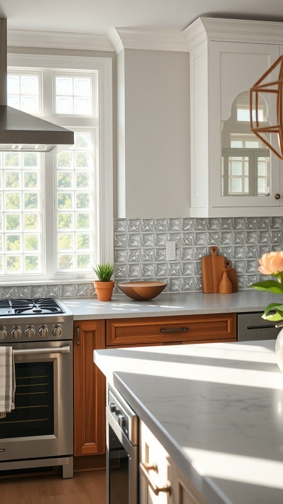 A kitchen with a glass block backsplash that reflects light beautifully, featuring white and wood cabinets.
