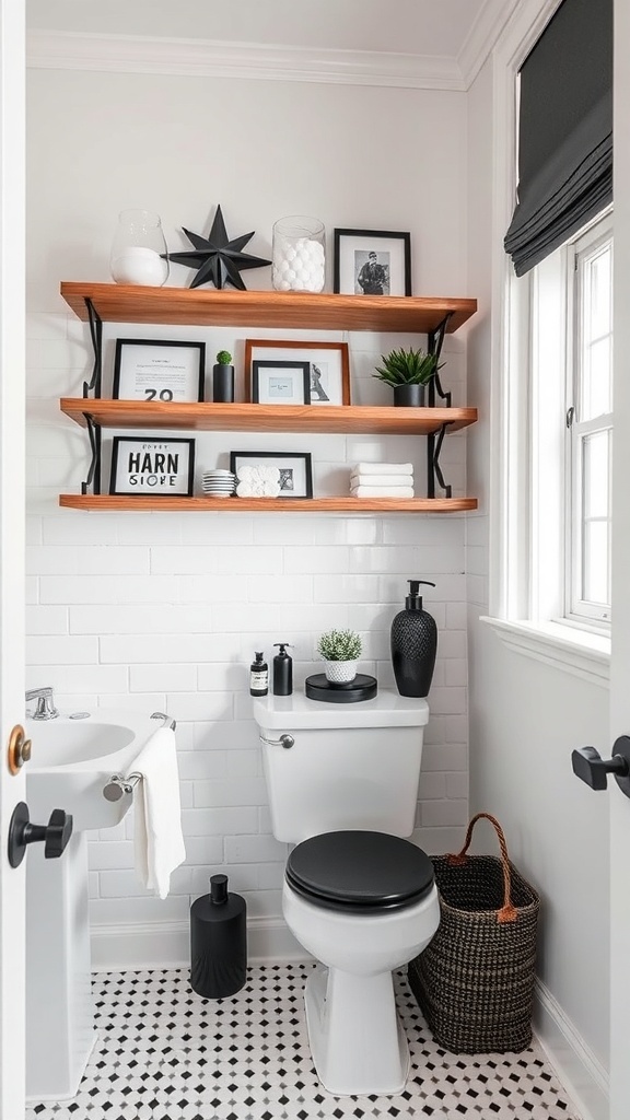 Stylish open shelving in a black and white bathroom, featuring wooden shelves with decorative items and plants.