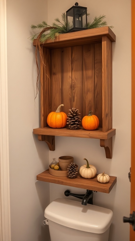 Rustic wooden shelving in a bathroom with pumpkins and pinecones