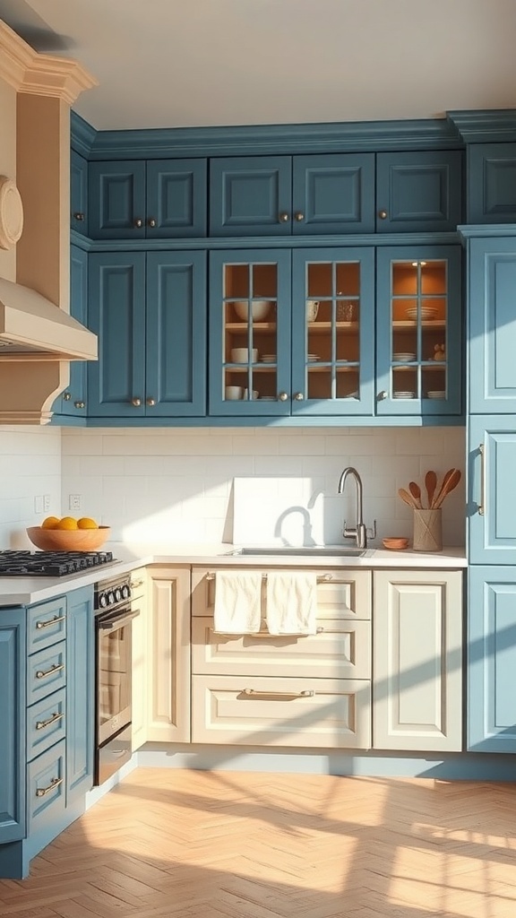 A modern kitchen featuring classic blue and beige cabinets with a stylish design.