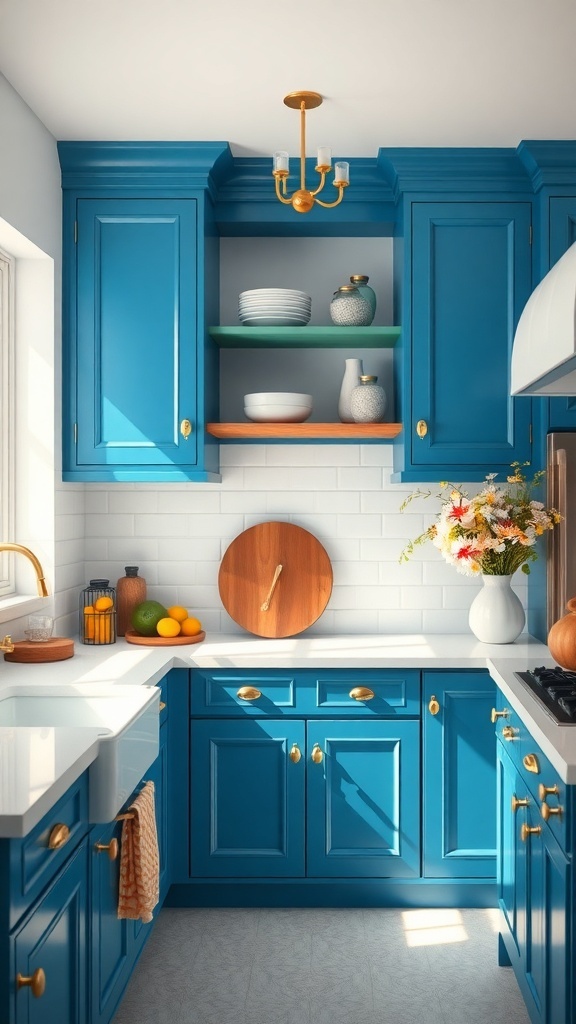 A bright blue kitchen with gold accents, featuring stylish cabinets and a modern design.