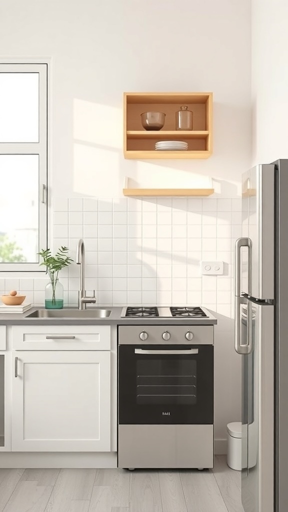 A small kitchen with bright natural light, featuring a modern minimalist design, smart storage solutions, and a compact layout.