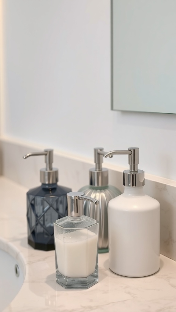 A collection of stylish soap dispensers in different shapes and colors on a bathroom countertop.