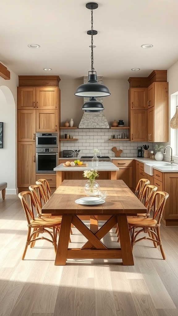 A rustic wooden dining table in a modern farmhouse kitchen, surrounded by stylish chairs and contemporary decor.
