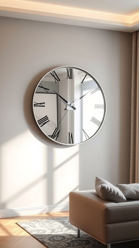 A stylish mirror wall clock with Roman numerals on a light wall, reflecting light in a cozy living room.