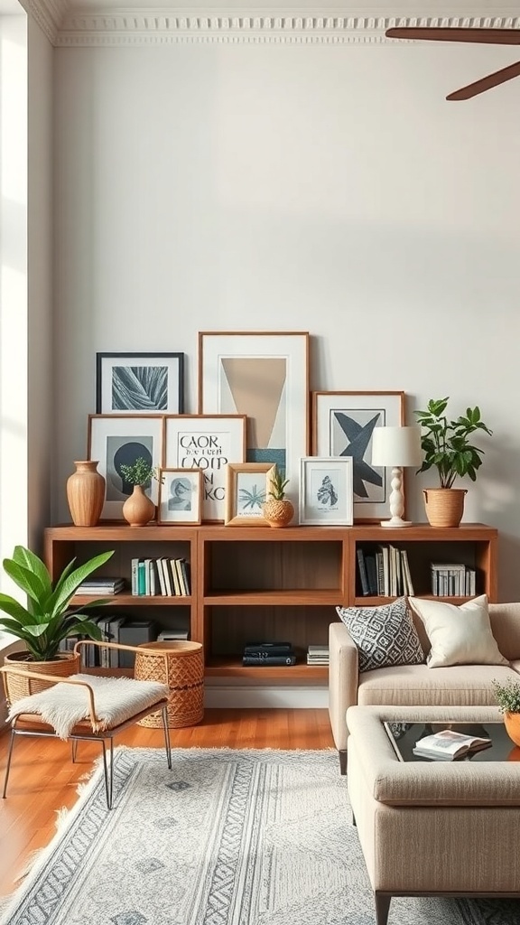 Gallery ledge display with framed artwork and decorative items in a stylish living room.