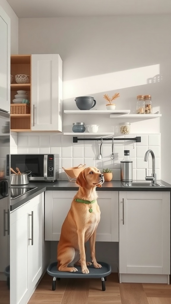A small kitchen with a dog sitting on a platform, showcasing a modern design with bright natural light and smart storage solutions.