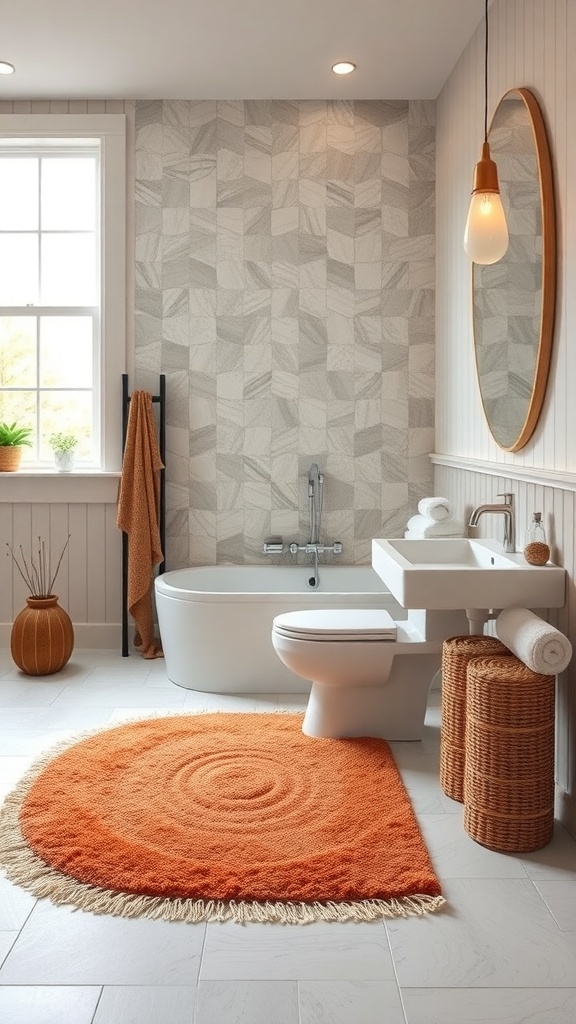 A cozy bathroom featuring a vibrant orange circular rug, a bathtub, and natural decor elements.