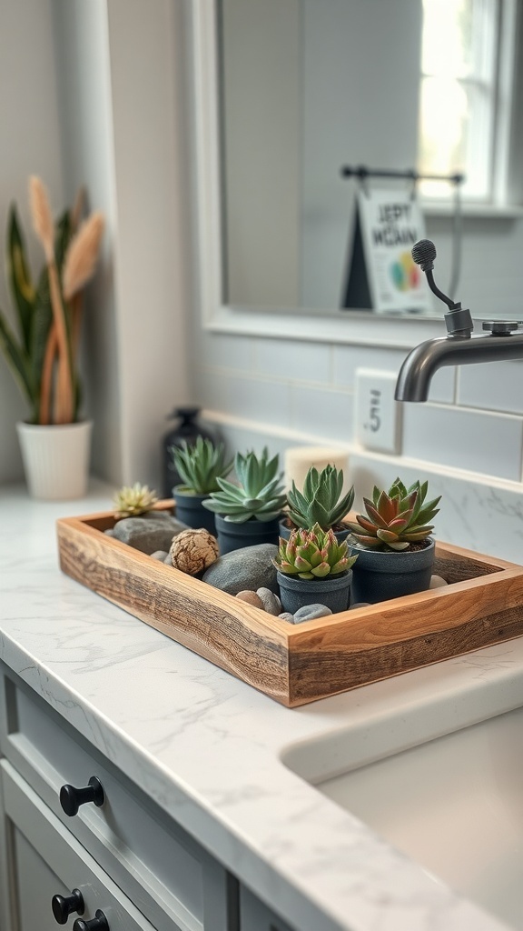 A rustic wood tray filled with succulents and stones on a bathroom counter.