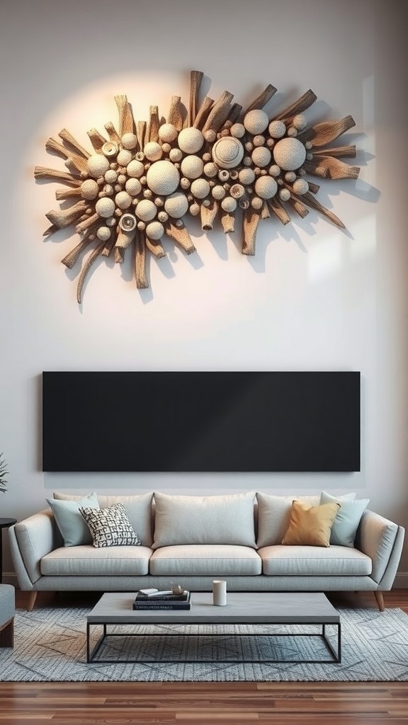 A sculptural wall art piece above a light-colored couch, featuring various circular and organic shapes in neutral tones.