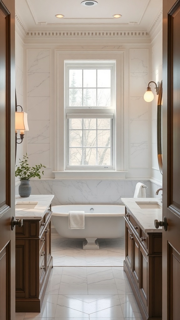 A classic bathroom featuring a freestanding bathtub, wooden cabinetry, and natural light.