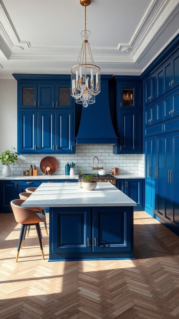 A modern kitchen featuring rich sapphire blue cabinets, marble countertops, and stylish decor.