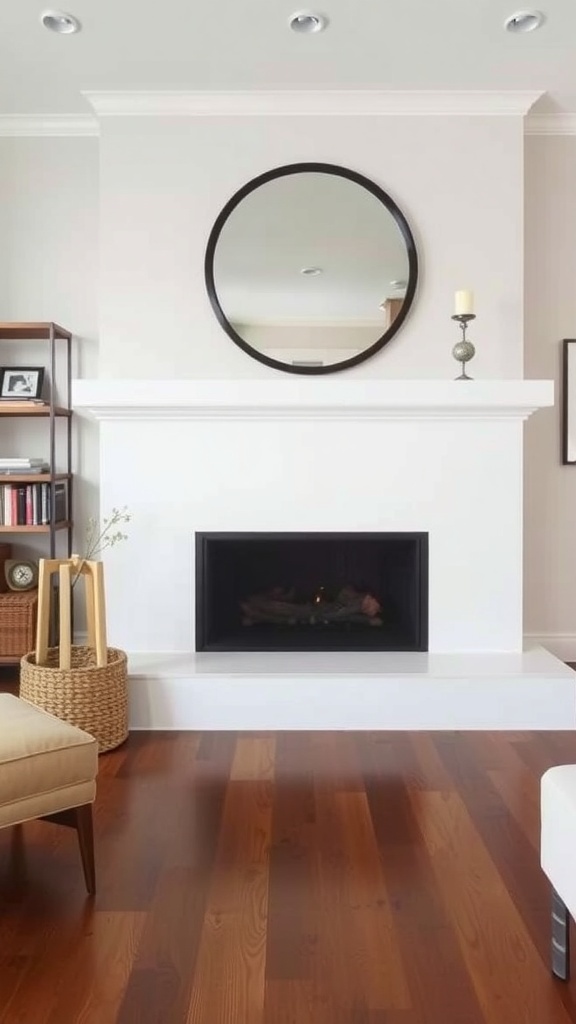 A modern fireplace with a minimalist design, featuring a black firebox and white mantle, surrounded by stylish decor.