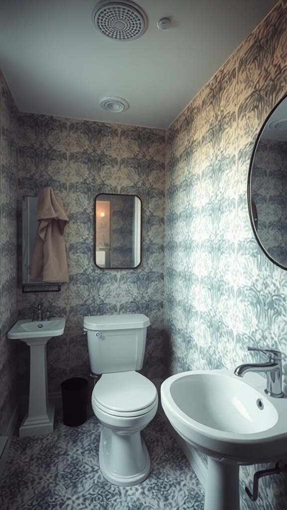 A bathroom featuring textured wallpaper with subtle patterns, white fixtures, and a cozy atmosphere.