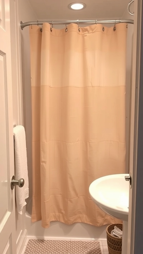 A small bathroom with a peach shower curtain and a sink.