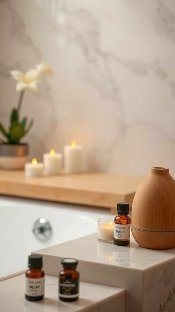 A serene bathroom setup featuring essential oils, candles, and a wooden diffuser.