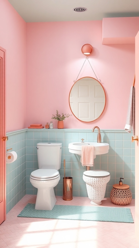 A pastel-themed bathroom with pink walls, mint green tiles, and modern fixtures.