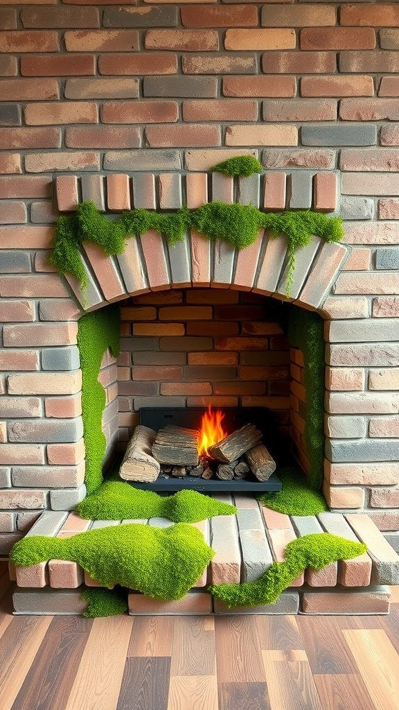 A brick fireplace adorned with vibrant green moss, featuring a cozy fire and wooden logs.