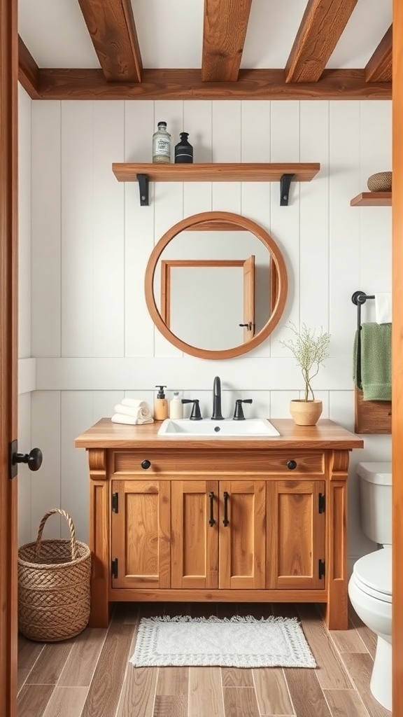 A rustic farmhouse bathroom featuring a wooden vanity, wooden beams, and a circular mirror.