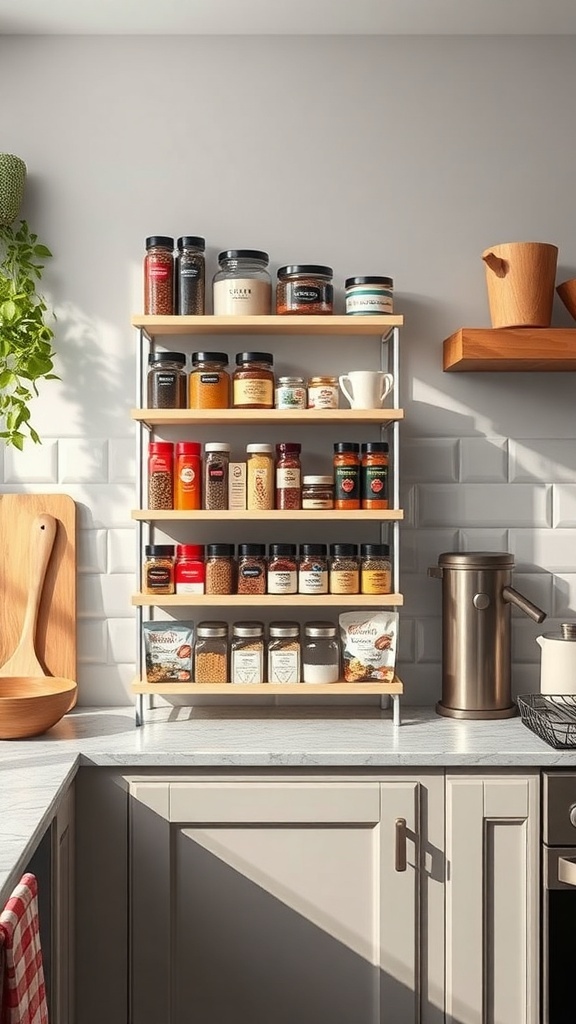 A modern spice rack with wooden shelves displaying various spice jars, set against a light kitchen backdrop.