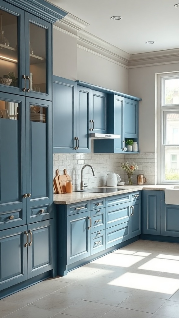 A modern kitchen featuring navy blue cabinets, light gray walls, and a stylish layout.