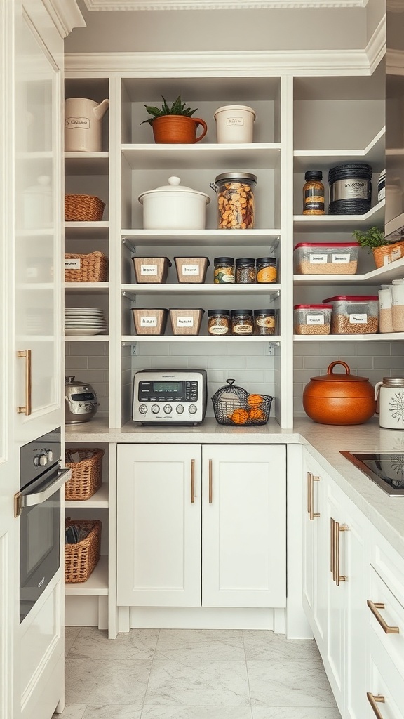 A well-organized pantry with open shelves, labeled containers, and decorative accents.