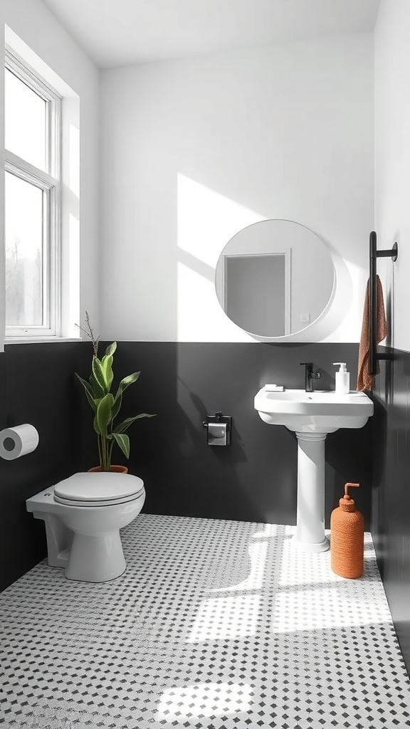 A minimalist black and white bathroom featuring a round mirror, a sink, a toilet, and a patterned floor.