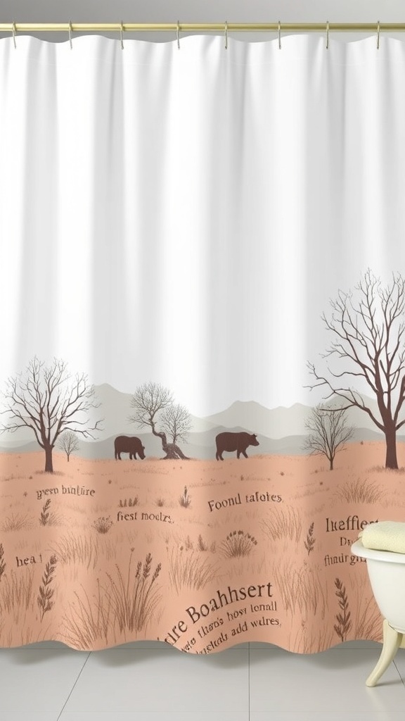 A unique shower curtain featuring a serene landscape with cows and trees, perfect for a modern farmhouse bathroom.