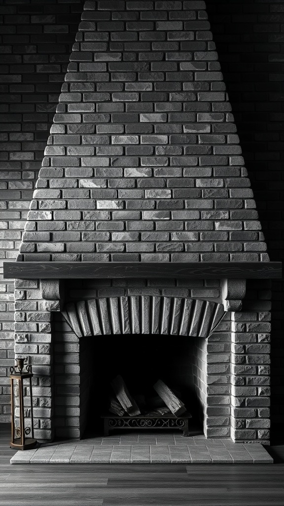 A sophisticated stone brick fireplace in black and white contrast, featuring sleek lines and traditional arch.
