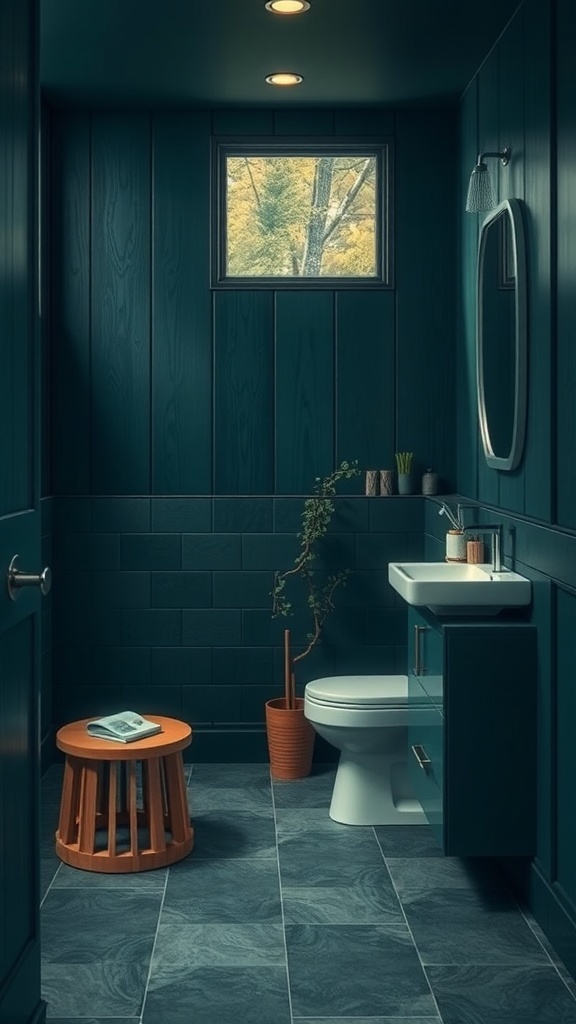 A tranquil bathroom featuring forest green walls, a small window with natural light, and simple decor.