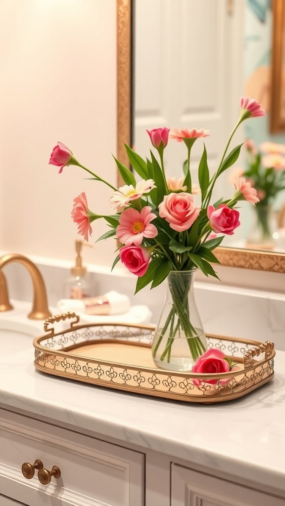 A decorative tray with fresh pink flowers in a clear vase, placed on a bathroom countertop.