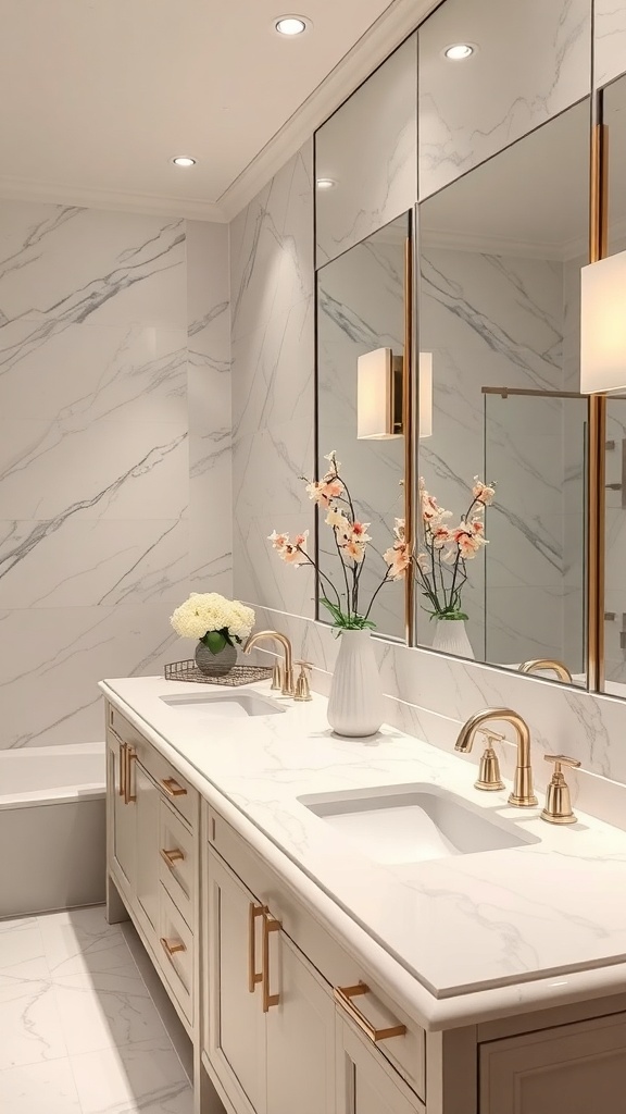 A modern bathroom vanity with a marble countertop, warm lighting, and decorative flowers.