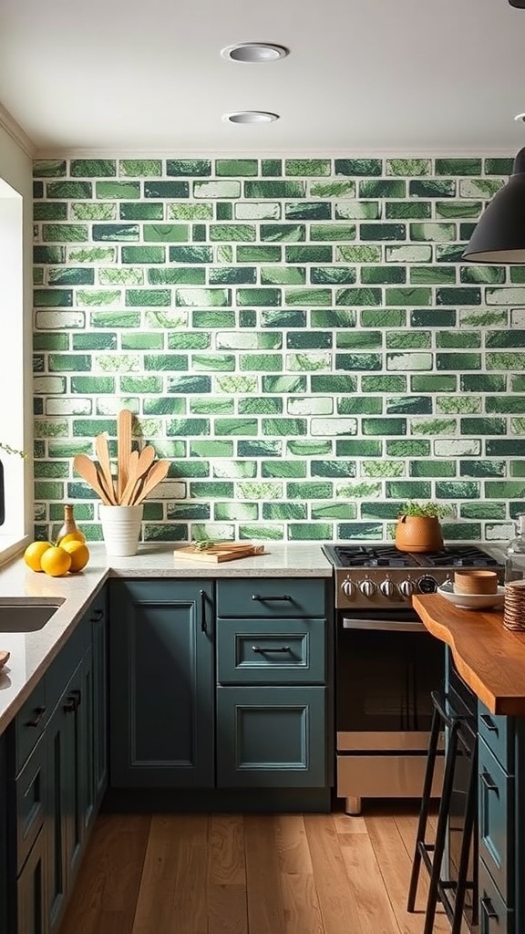 A kitchen featuring a cactus green brick backsplash with sage green cabinets and wooden accents.