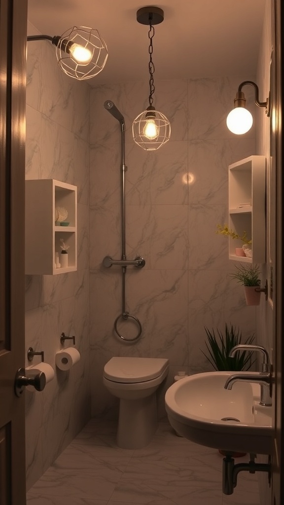 A cozy bathroom featuring unique lighting fixtures, including pendant lights and wall-mounted bulbs.