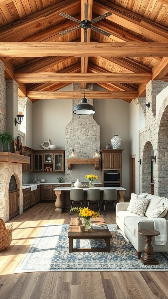 A stylish rustic kitchen and living room combo featuring wood beams, stone accents, and a cozy atmosphere.