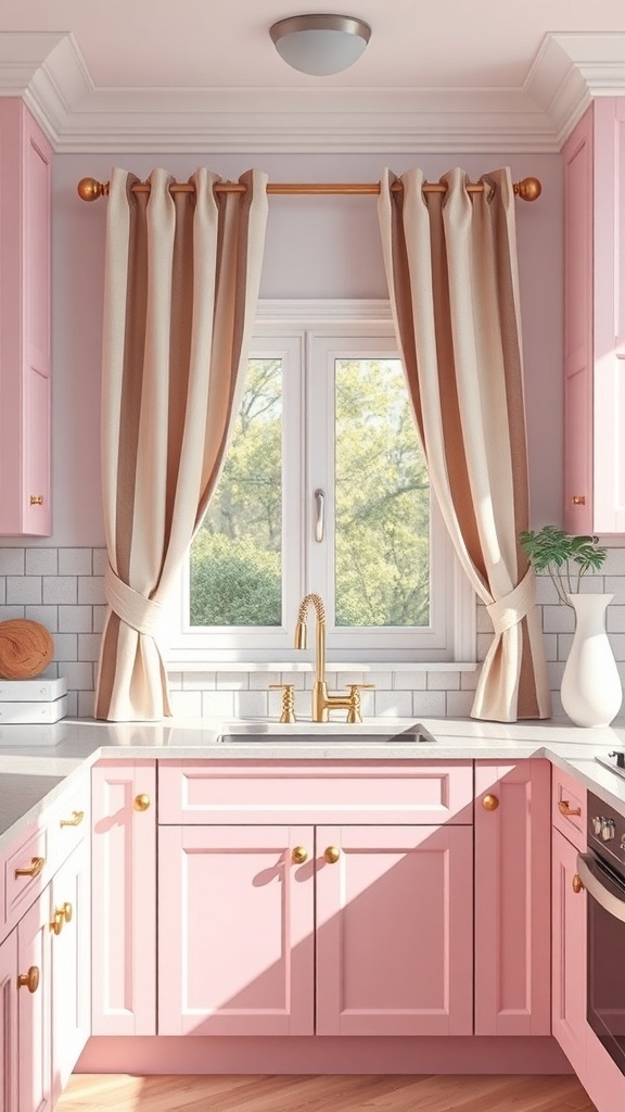 A cozy kitchen featuring pink cabinets and pink and white striped curtains.