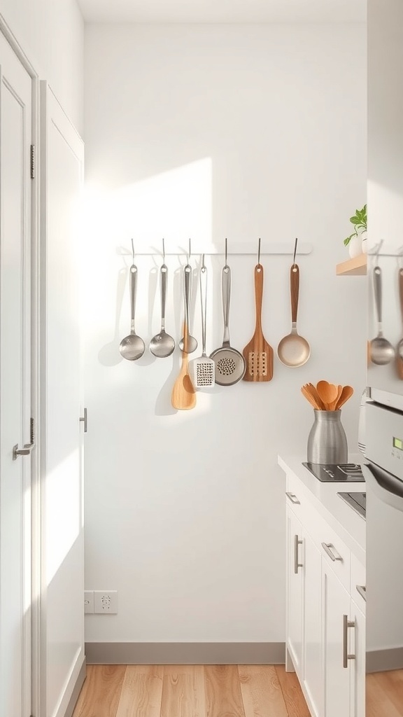 A small kitchen featuring wall hooks with various utensils, bright natural light, and a minimalist design.