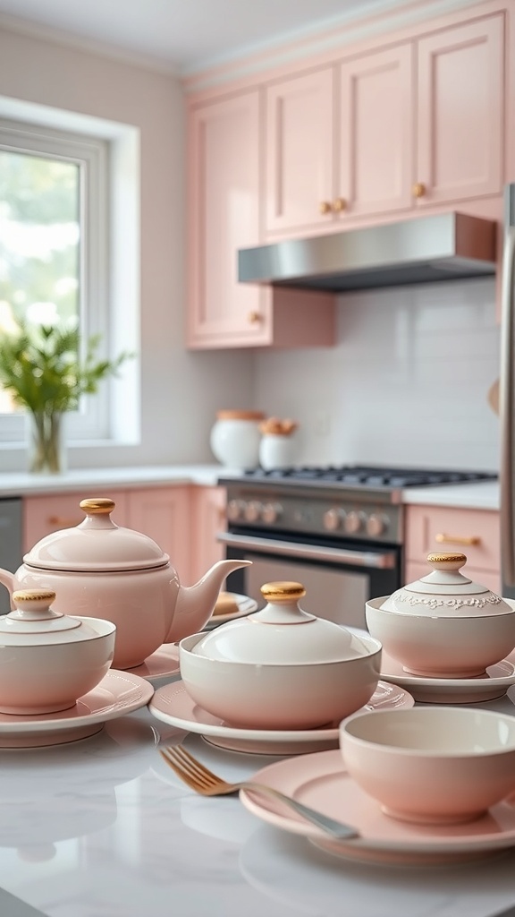Pink ceramic dishware on a kitchen table with pink cabinets in the background