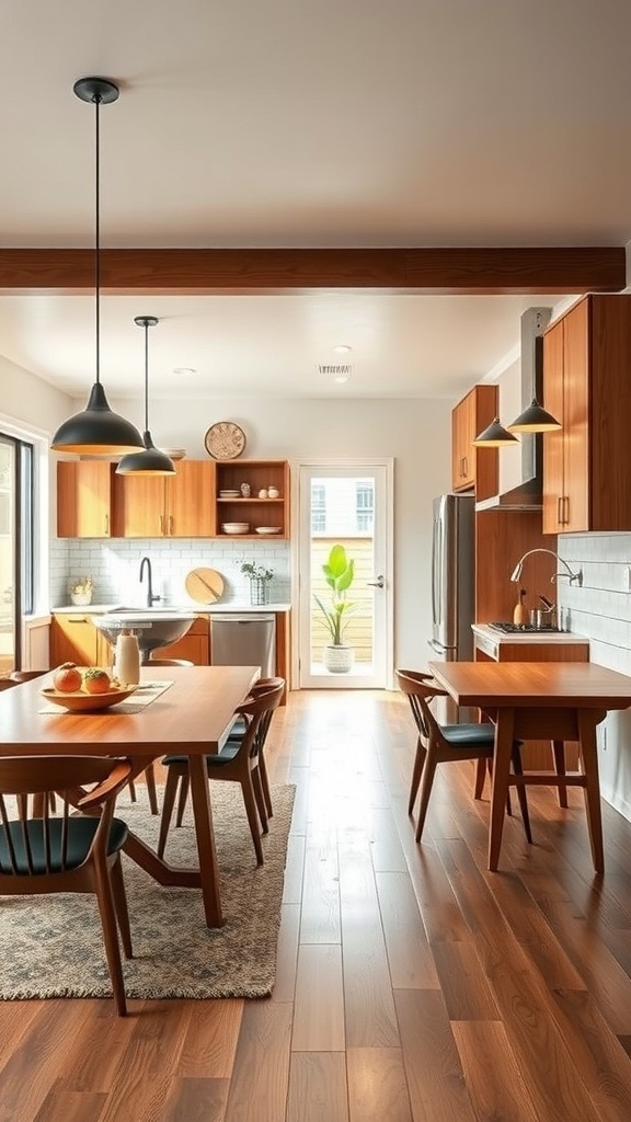 A stylish open concept mid century modern kitchen with warm wood tones and clean lines.