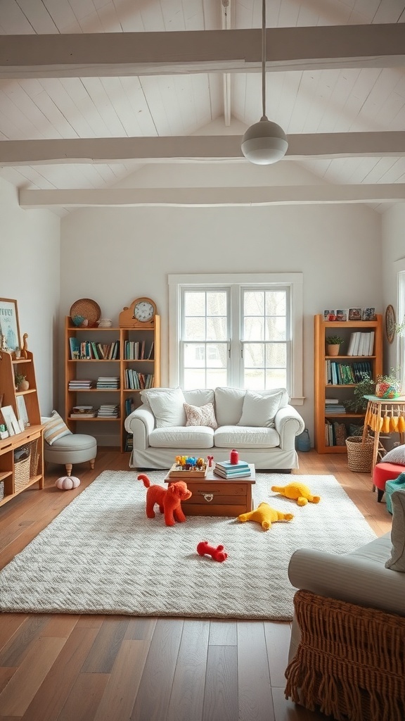 A cozy farmhouse family room with a light-colored couch, wooden bookshelves, and colorful toys on a rug.
