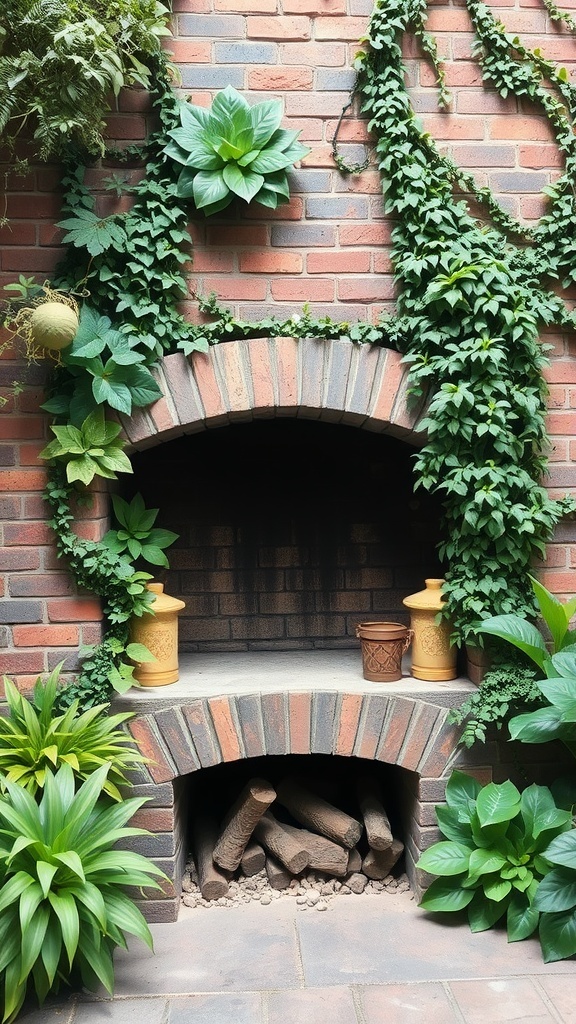 A stone brick fireplace surrounded by lush greenery and decorative pots.