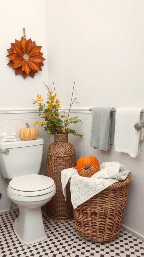 A cozy bathroom featuring decorative baskets for storage, with a woven basket and a tall vase, complemented by fall-themed decor.