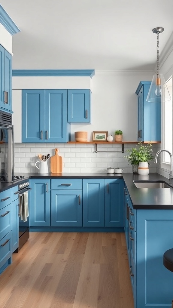 A modern kitchen featuring cerulean blue cabinets, black countertops, and a white subway tile backsplash.